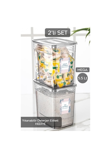 Meleni Home 2'li Mega Etiketli Deterjan Saklama Kutusu Lena Pratik Kapaklı Tablet Deterjan Saklama Kabı 2x5,5 Lt