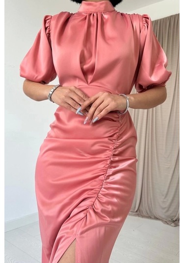 Pudra Büzgülü Saten Elbise Pudra