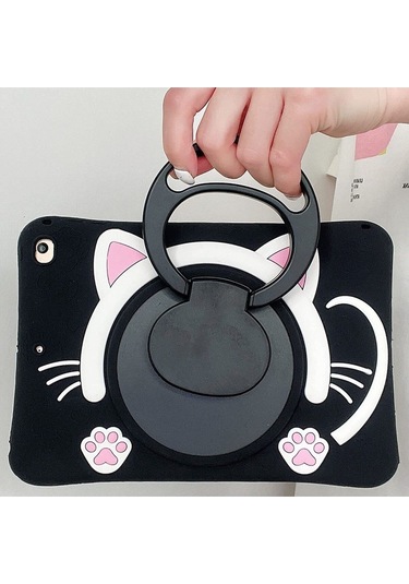 Apple Ipad 8. Ve 9. Nesil 10.2 Inç 2020 / 2021 Uyumlu Kedi Kılıf Standlı Eğlenceli Koruma Siyah