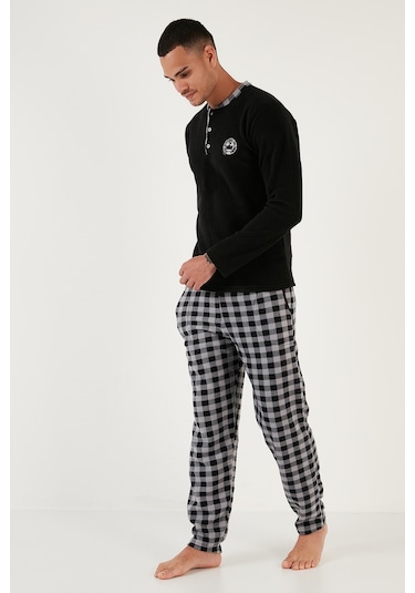 Buratti Ekoseli Regular Fit Düğmeli Bisiklet Yaka Kışlık Polar Erkek Pijama Takımı 60961002 Siyah