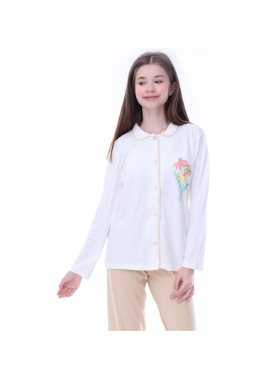 Zuzunga Ekru-bej Çiçek Baskılı Biyeli Düğmeli %100 Pamuk Kız Çocuk Pijama Takımı Ekru - Bej Zuzunga Ekru-bej Çiçek Baskılı Biyeli Düğmeli %100 Pamuk Kız Çocuk Pijama Takımı Ekru - Bej