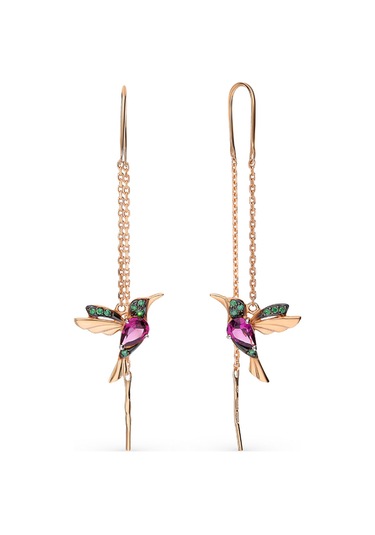 925 Ayar Gümüş Rose Kaplama Kuş Model Sallantılı Zincir Küpe Rose