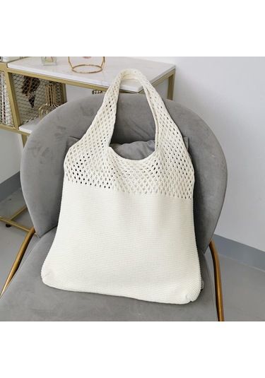 Retro Hollow Örme Omuz Çantaları Kadın Çantaları Yaz Plaj Tığ İşi Tote A435 Beyaz
