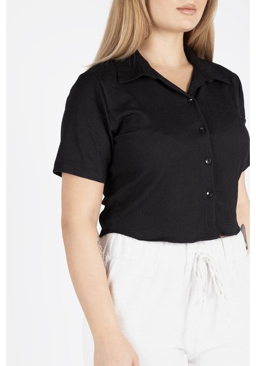 Giyim Dünyası Kadın Kısa Kol Crop Gömlek Siyah 001