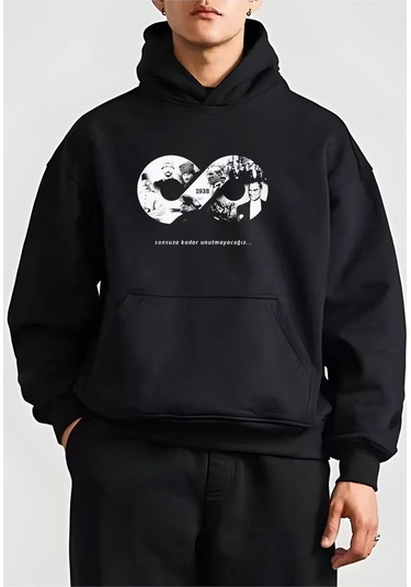 10 Kasıma Özel Üç İplik Kapşonlu Baskılı Sweatshirt - Siyah Siyah