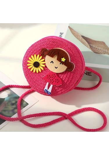 Yaz Çocuk Çantası, Kız Sevimli Crossbody Sahil Hasır Çanta Örgülü Çanta Gül Kırmızı