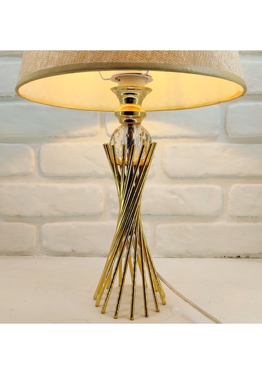 Gold Kaplama Burgu Metal Ayaklı Kristal Cam Toplu Beyaz Abajur Altın