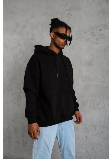 Erkek Düz Kapüşonlu Sweat - Siyah Siyah