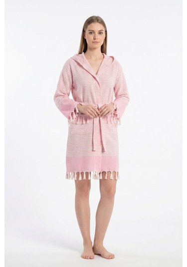 Kapşonlu Unisex Peştemal Plaj Bornozu %100 Pamuklu Seaside Stripe Pembe