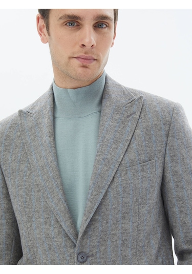 Gri Çizgili Modern Fit Yün Karışımlı Takım Elbise Gri