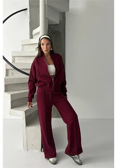 Neşeli Butik Kadın 3 İplik Şardonlu Oversize Eşofman Takımı Nbg105 Bordo