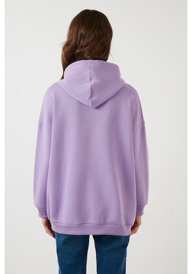 Lela Regular Fit Pamuklu Kapüşonlu Yaka Şardonlu Kışlık Bayan Sweat 5863854 Lila