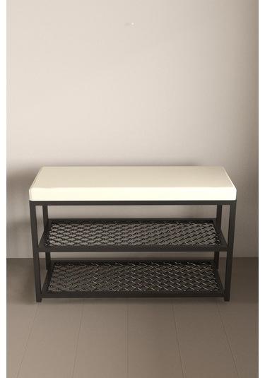 Aju Ayakkabılık Puflu Süngerli Oturaklı Metal Ayakkabı Rafı Modern Vestiyer Baklavalı Metal Tasarım Benc Krem