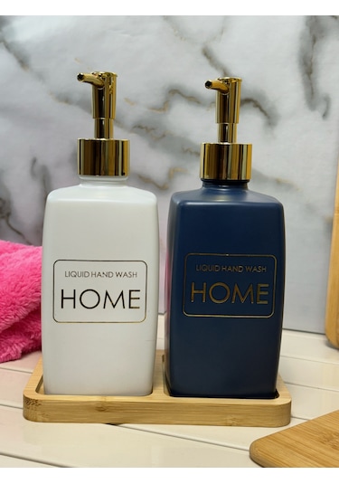 Kapris Bambulu Kare Cam Sabunluk Seti 2'li Beyaz-Lacivert