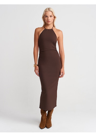 Dilvin 91518 Halter Yaka Midi Elbise-kahve Kahve