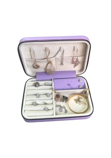 Özer Kutu Fermuarlı Deri Ahşap Kasalı Büyük Boy Takı Seyahat Ve Mücevher Çantası Kutusu Lila 14 x 21