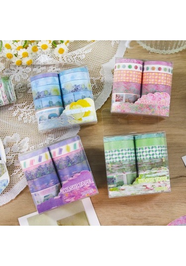 Vintage Washi Tape Bant Baskılı Yapışkanlı Maskeleme Kağıdı 45e Desenli Bant 10'lu - Mor Göl 1