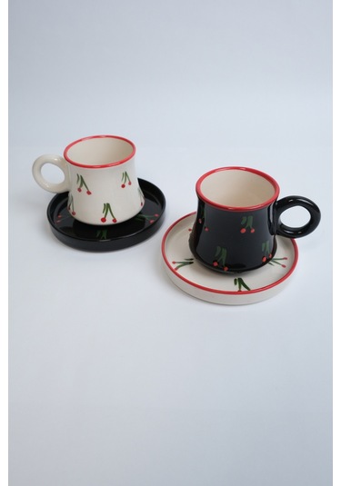 2 Li Takım Siyah Beyaz Kiraz Desenli El Yapımı Kazan Seramik Kahve Fincanı, Kahve Fincanı Beyaz