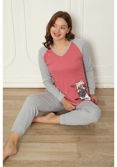Fawn 04-3024 İnterlok Kumaş Minnoş Kedili Kışlık Ev Kadın Pijama Takımı Pembe