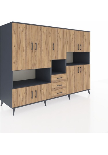 Kronos Dolap 13 Raflı 3 Çekmeceli 9 Kapaklı 220x59x163 Antrasit-ç Antrasit-çam