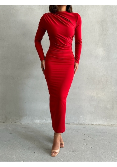 Kadın Drape Detay Uzun Elbise Kırmızı