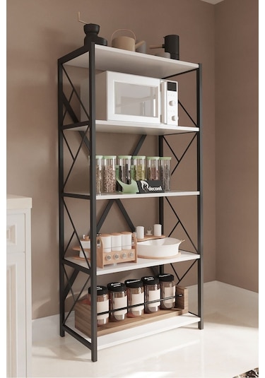 Morpanya Oven Metal Mutfak Rafı Malzeme Dolabı 5 Raflı Mikrodalga Fırın Rafı Çok Amaçlı Dolap Raf 150 Cm Beyaz