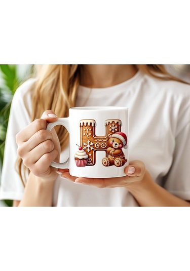 H Kurabiye Harf Ve Ayıcık Detaylı Kupa Bardak - Yeni Yıl / Yılbaşı Temalı Tasarım - Noel Hediye Beyaz