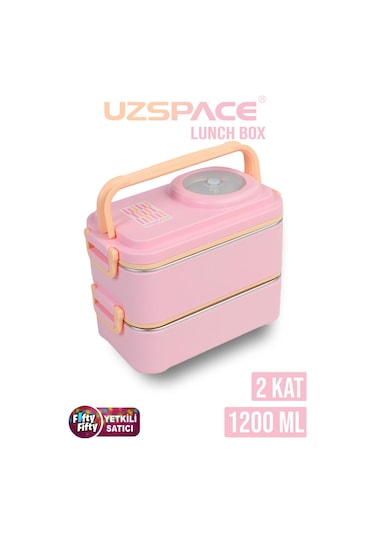 Uzspace 1200 Ml İki Kat Dört Bölme Paslanmaz Çelik Lunch Box Yeni Nesil Sefer Tası-sos Kaseli Model-fflbox8023 Pembe