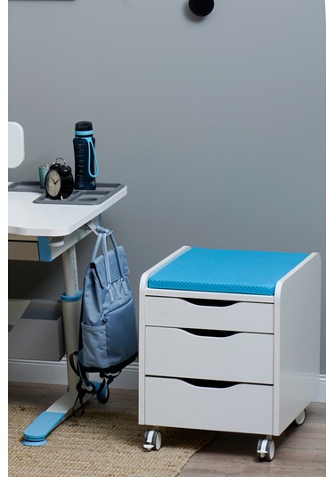 Creo Mobili Çekmeceli Tekerlekli Sirius Keson, Oturulabilir Ofis Ve Ev Komodini, Ekru/mavi