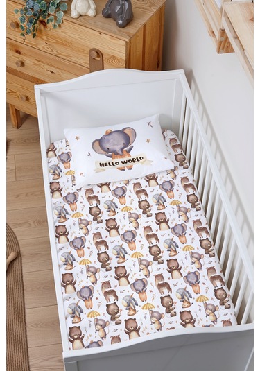 Organik Bebek Boy Lastikli Çarşaf Seti 80x140 - Sevimli Orman Arkadaşım Fil