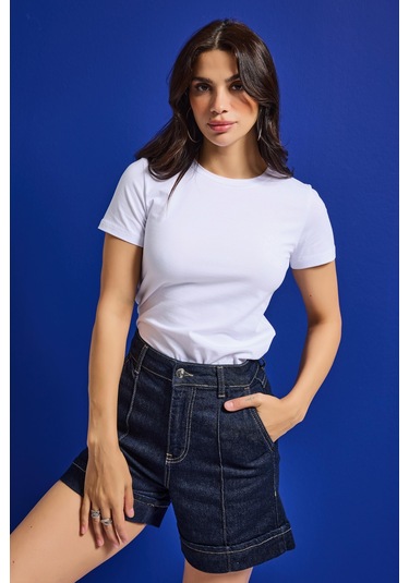 Itsbasic Kadın Beyaz S6-2 Bisiklet Yaka %100 Organik Pamuk Esnek Kumaş T-shirt