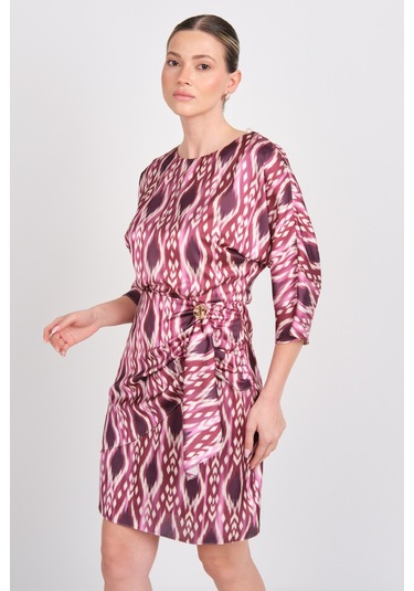 Explosion Kadın Desenli Belde Toka Detaylı Mini Elbise 7874 Bordo Bordo