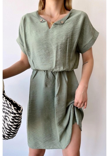 Kadın Haki Kısa Kol, Kalp Yaka, Dokulu Desen, Bele Oturan, Aerobin Lastikli Bel Midi Elbise Haki