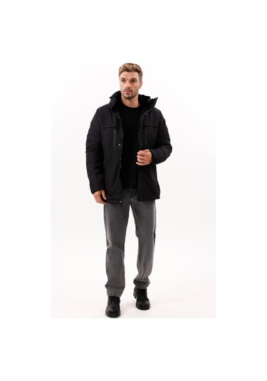 Erkek Polarlı Kürklü Su Ve Rüzgar Geçirmez Kapüşonlu Kışlık Mont & Kaban & Parka - Elyaflamalı Siyah