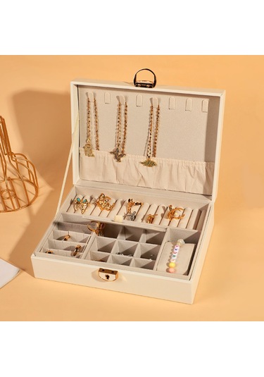 Mdl10- Beyaz Takı Kutusu Kilitli Deri Görünümlü Takı Düzenleyici