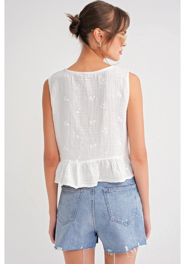 4724 Kadın Çicek Desenli Bağlamalı Müslin Bluz Ekru Ekru