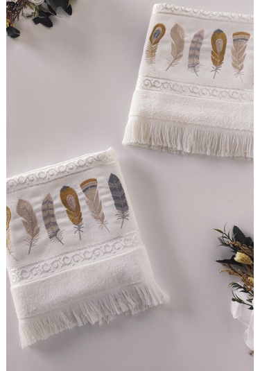 2'li Nakışlı Kadife El Havlusu -jakarlı Tüy İşlemeli Yüz Havlusu - %100 Pamuk Krem Krem
