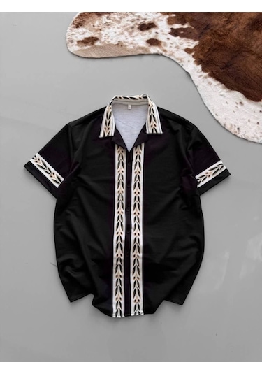 İki İplik Kumaş Baskılı Gömlek - Siyah Siyah