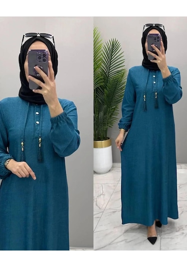 Kadın Petrol Rengi Karin Aerobin Kumaş Yarım Ön Düğmeli Püskül Bağcık Kuşaklı Tesettür Elbise Petrol