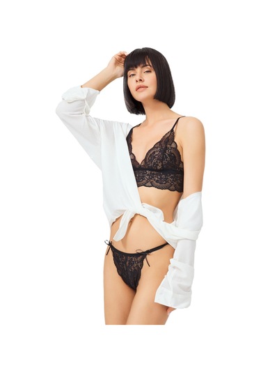 Siyah Dantelli Transparan Balensiz Kadın Sütyen Takımı Siyah