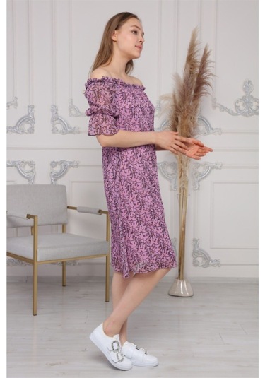 Kadın Madonna Yaka Çıtır Desenli Şifon Elbise 3903/95 001