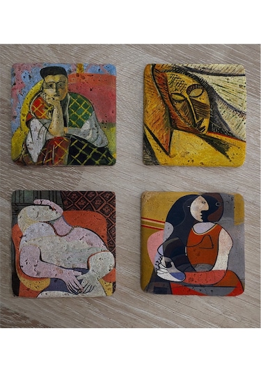Henri Matisse Ve Picasso Kadınları Doğal Taş Bardak Altlığı 4'lü Set - Natural Stone Coasters - Taş Çok Renkli