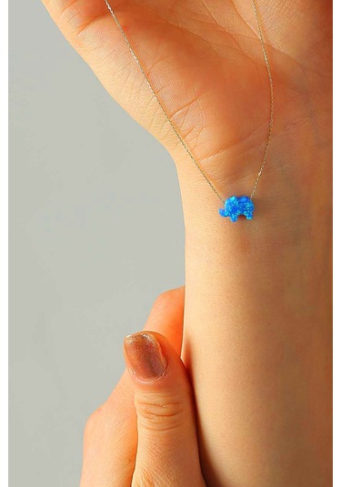 14 Ayar Altın Kolye Mavi Sedef Fil Altın Zincirli Kolye 45 Cm Uzunluk