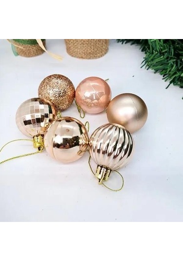 4 Cm - Yılbaşı Lüks Top Süs Seti 24 Adet Rose Gold Simli-parlak-mat-disco-çizgili Asetatlı Kutu