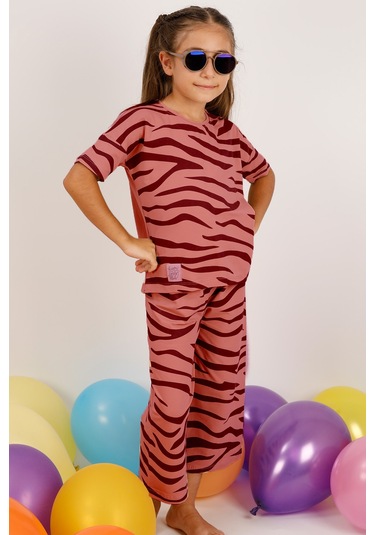 Kız Çocuk Kaprili Takım Zebra Baskılı A83 Pudra