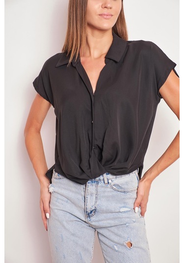 Likrasız Şık Kumaş Yakalı Düşük Omuzlu Önü Pileli Gömlek-siyah Siyah