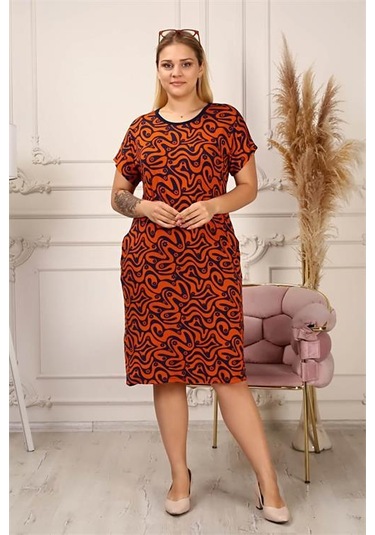 Dip Moda Kadın Cepli Büyük Beden Viskon Elbise Dpmaysl45 Turuncu