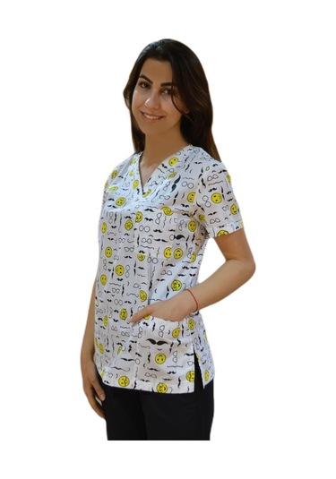 Doktor Hemşire Terikoton Emojeli V Yaka Üniforma Üst