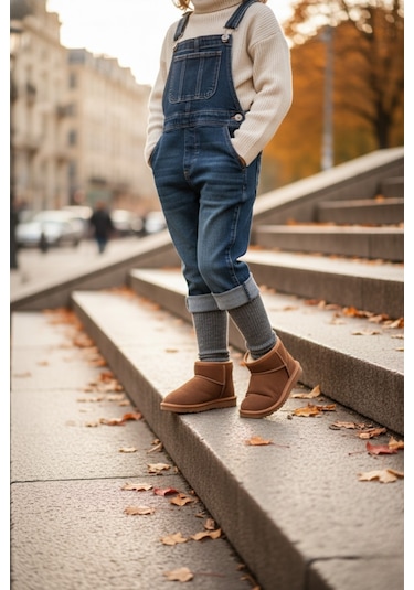 Muggo Snow Garantili Unisex Çocuk Kalın Taban İçi Tüylü Günlük Mini Yarım Bot Kahverengi