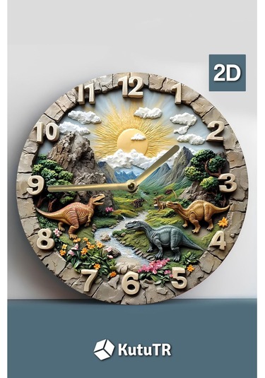 Sessiz Yuvarlak Ahşap Duvar Saati, Kuvars Dinazorlar 2d Sdw027 Renkli
